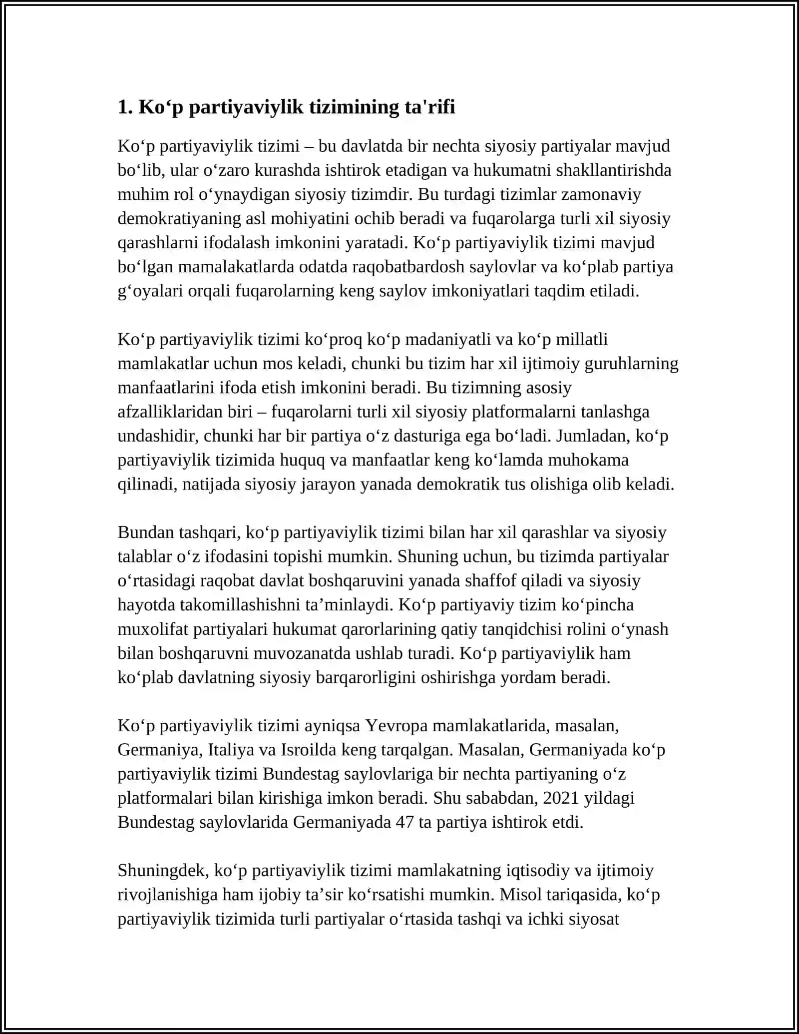MUSTAQIL ISH Mavzu: OʼZBEKISTONDA KOʼP PARTIYAVIYLIK TIZIMINING SHAKILLANISHI VA UNING AHAMIYATI 3