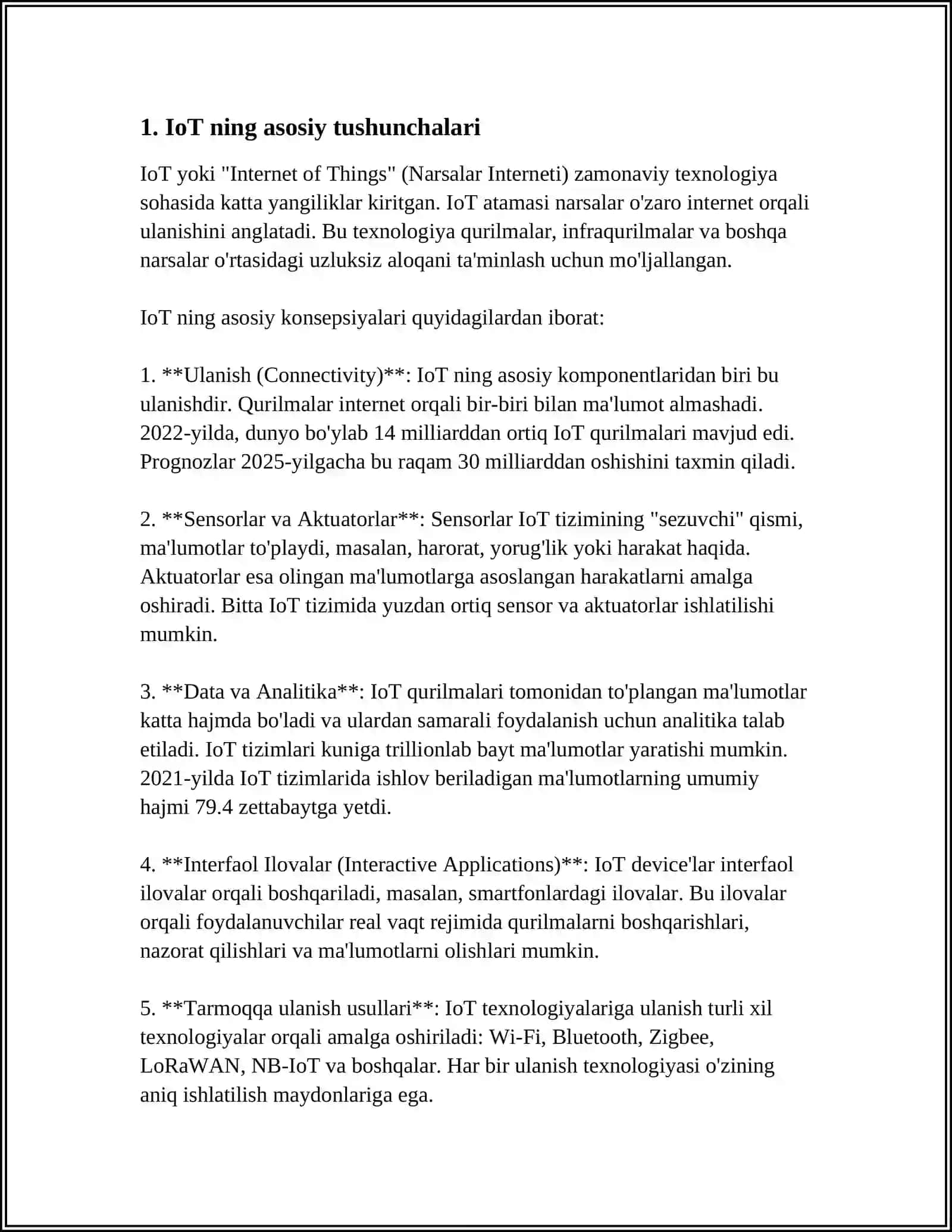 MUSTAQIL ISH Mavzu: IOT(NARSALAR INTERNETI)VA UNING KOMMUNIKATSIYA TIZIMLARIDAGI OʻRNI 3