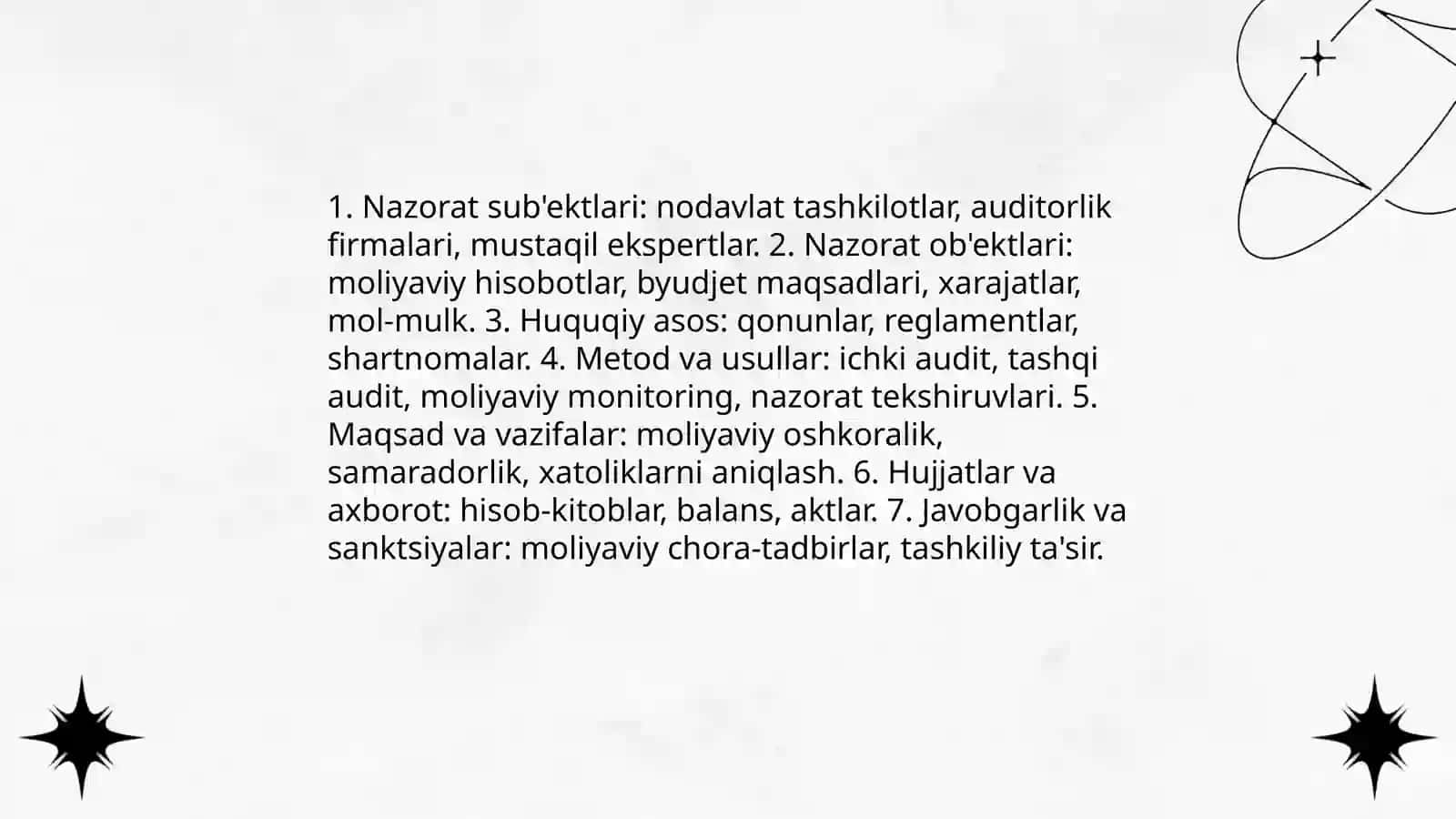 Moliyaviy nazorat nodavlat turlarining tarkibi nimalardan iborat 3
