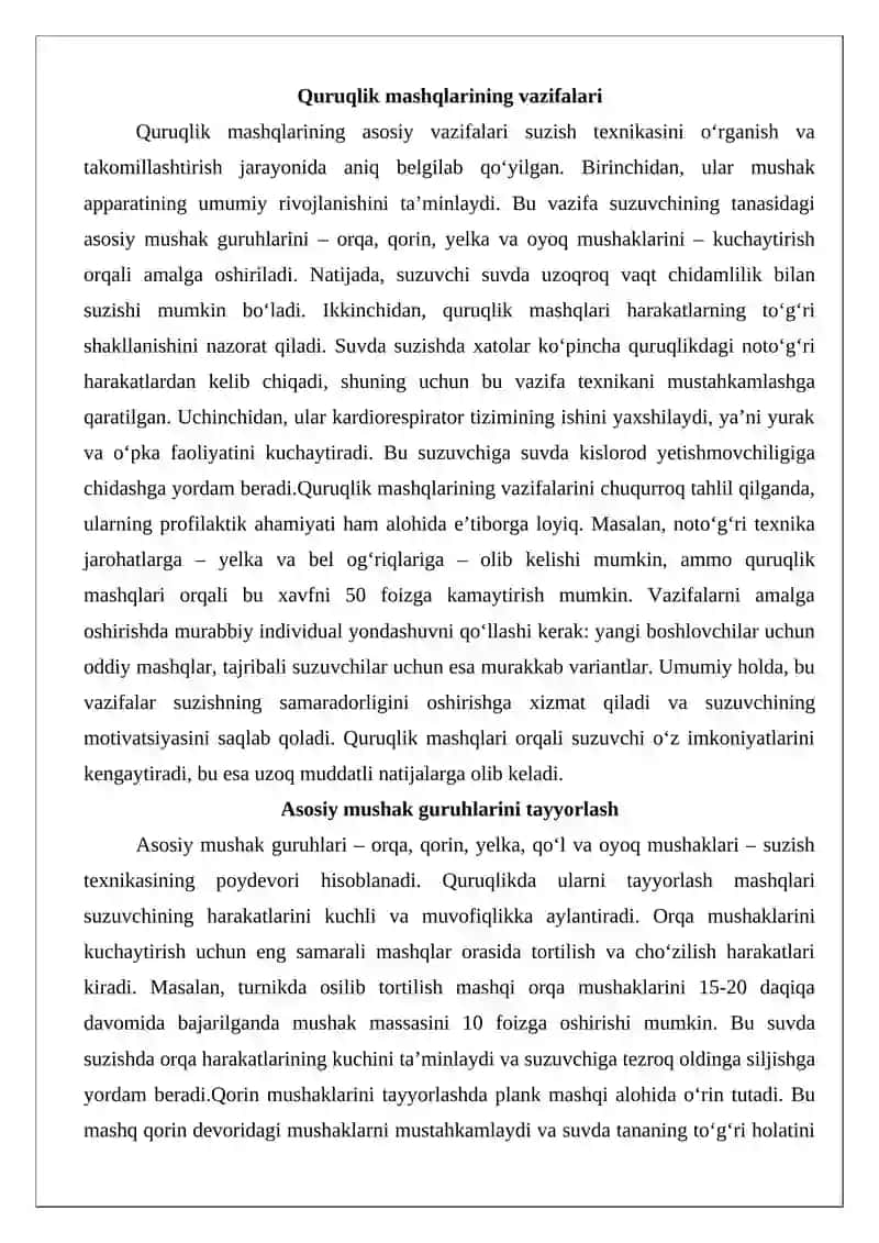 Suzish texnikasini o‘rgatish va takomillashtirishda quruqlikda bajariladigan mashqlar 3
