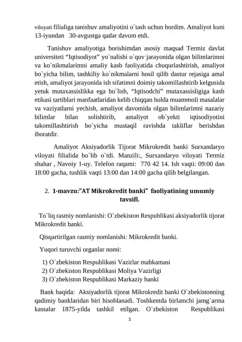 Aksiyadorlik tijorat Mikrokredit banki Surxondaryo viloyati filialidagi amaliyot bo`yicha hisobot 3