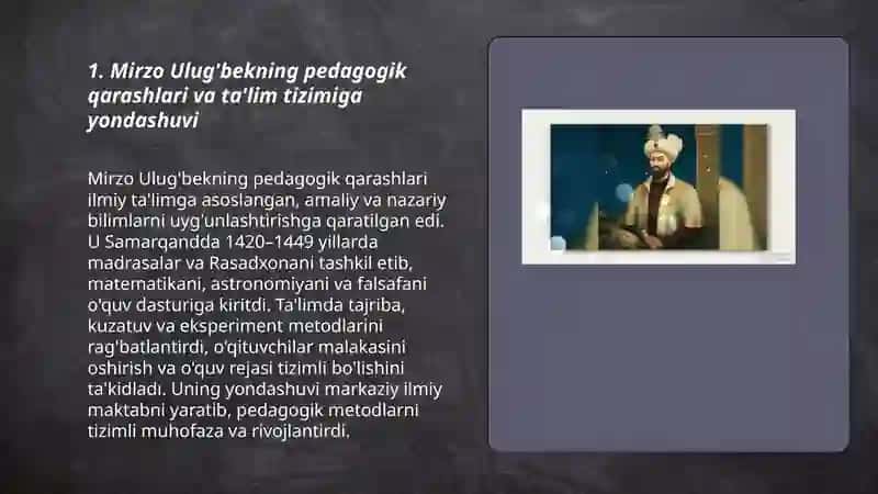 Mirzo Ulug'bek va Zahriddin Muhammad Boburlarning pedagogik g'oyalari va marifatparvarlik xizmatlari 3