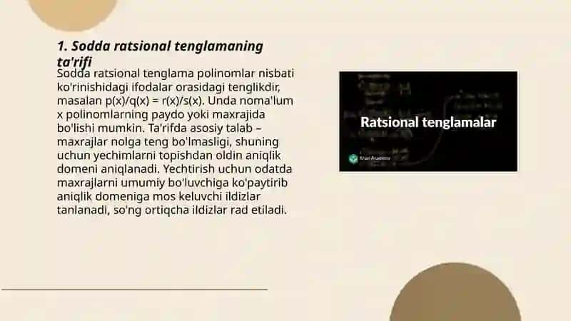 Sodda ratsional tenglamalar tarifi va asosiy tushunchalari 3