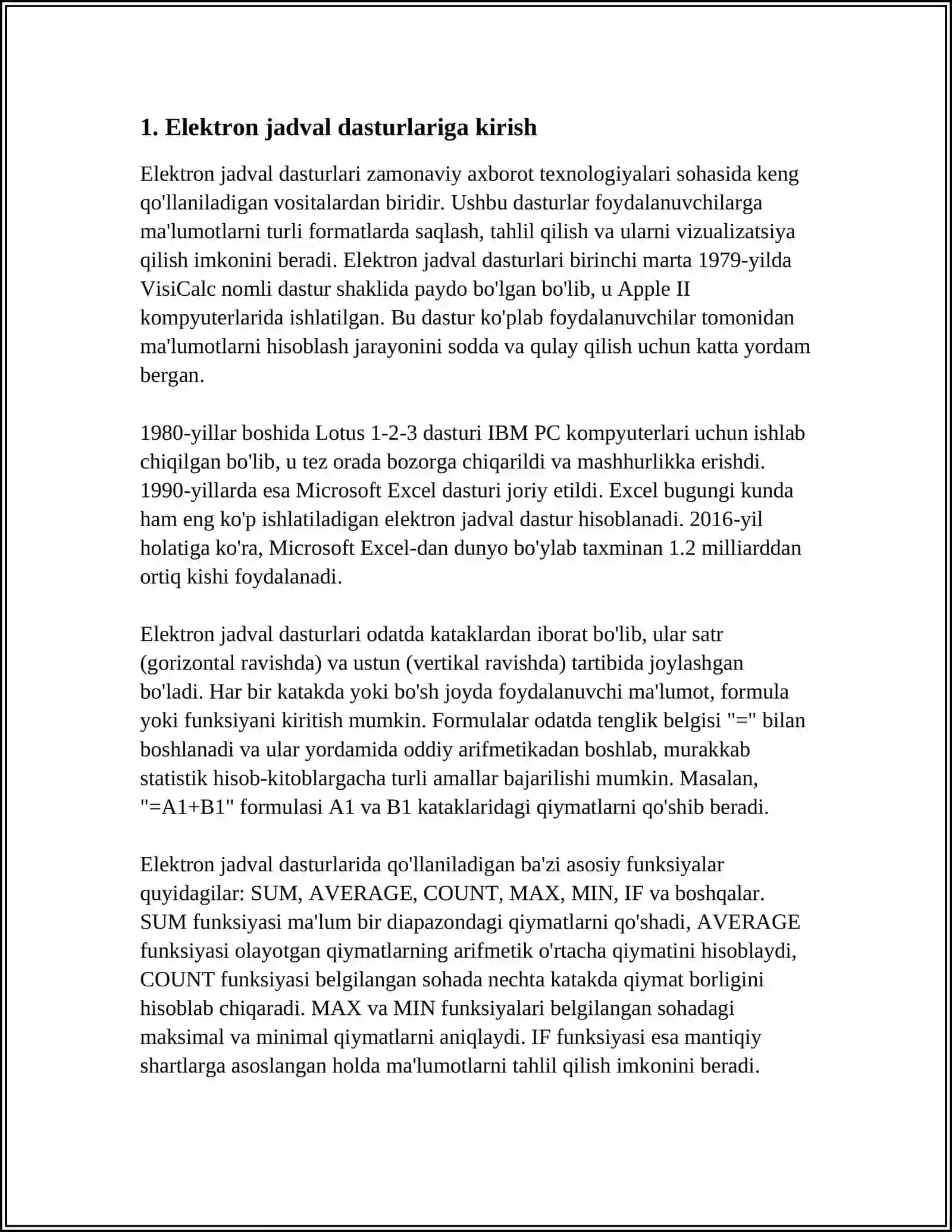 “MUTAXASSISLIKKA OID MASALALARNI ELEKTRON JADVALDA ECHISHDA FUNKSIYA, FORMULALARDAN FOYDALANISH. FILTRLAR BILAN ISHLASH. YAKUNIY NATIJALAR OLISH VA HISOBOT SHAKLIDA TAYYORLASH” 3