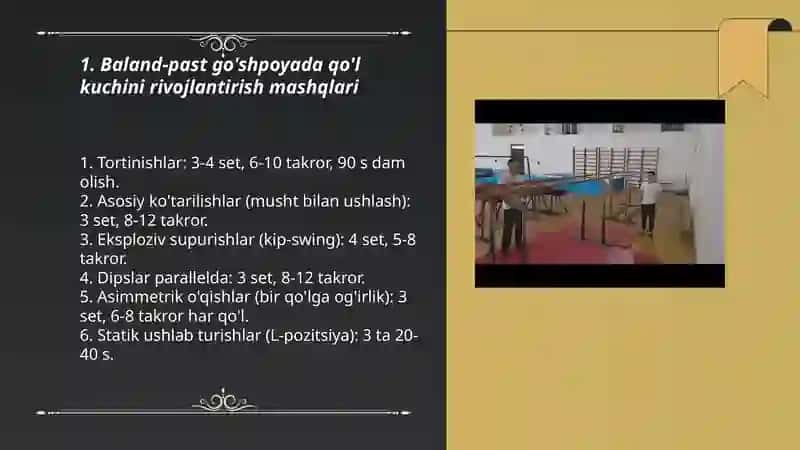 Baland-past go'shpoyada qo'l kuchini rivojlantirish mashqlari 3