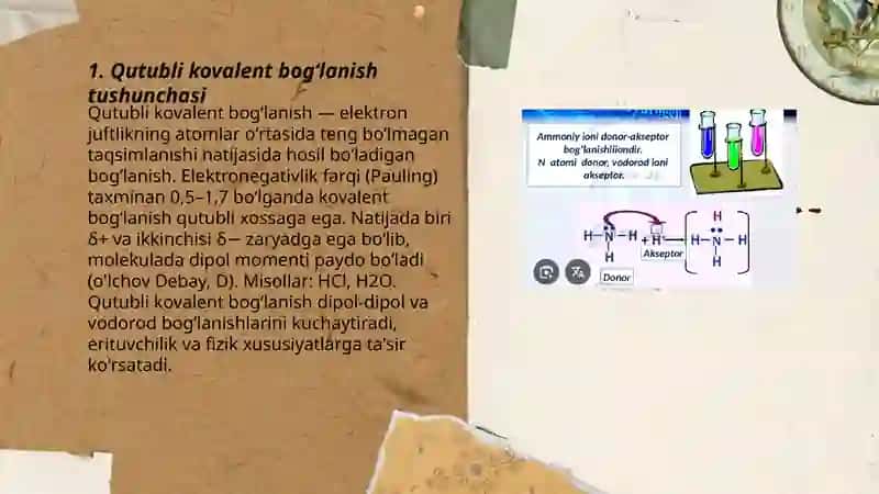 Qutubli va qutubsiz, kovalent bogʻlanish.donor-akseptor bogʻlanish 3