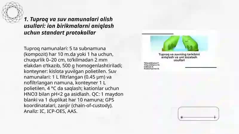 Tuproq va suvning ifloslanishida ion bog'lanishli birikmalarni aniqlab ulardan tozalash usulini ishlab chiqish 3