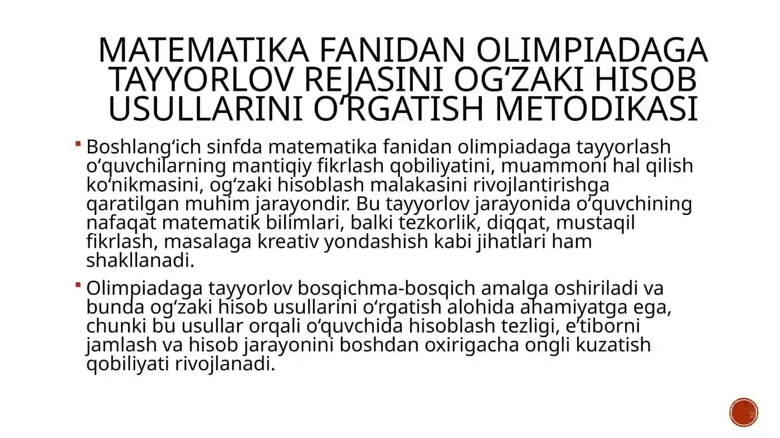 Matematika fanidan olimpiadaga tayyorlov rejasini o'zakihisobusullarini o'rgatish metodikasi 3