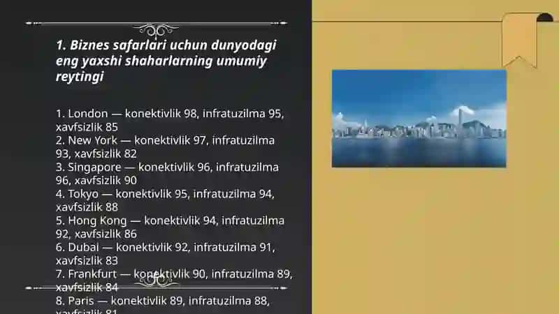 Biznes safarlari uchun dunyodagi eng yaxshi shaharlarning umumiy reytingi 3