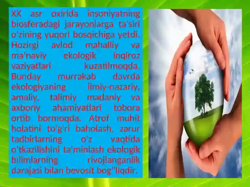 - Tags (comma-separated): Ekologik bilimlar, Atrof muhit, Ekologik bashorat, Ekologik ekspertiza, Ekologik tarbiya 3