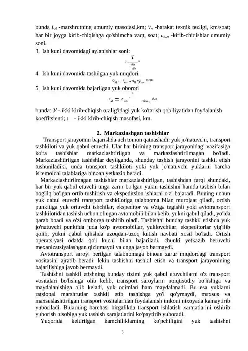 MAVZU. YUK TASHISHNI TASHKIL ETISH TIZIMLARI VA AVTOMOBILLAR HARAKATINI TASHKIL ETISH 3