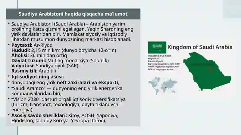 Saudiya Arabistoni ning tashqiiqtisodiy aloqalar nixalari to'g'risidagi solishtahlili 61-22 guruh talabasi Inomov Samandar 3
