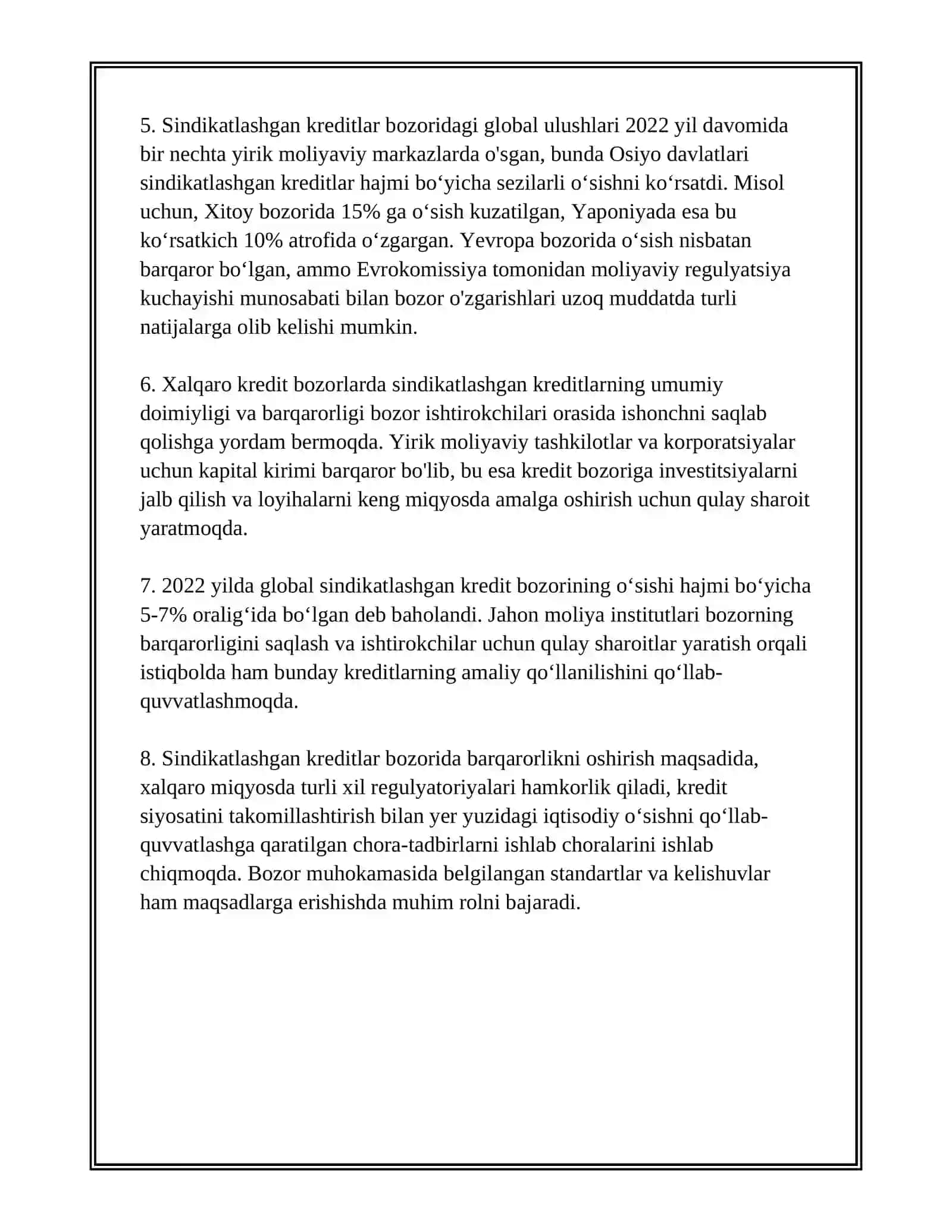 XALQARO KREDIT BOZORLARIDA SINDENTIFIKATSIYALASHGAN KREDITLAR MAVQEINI OSHIRISH 3