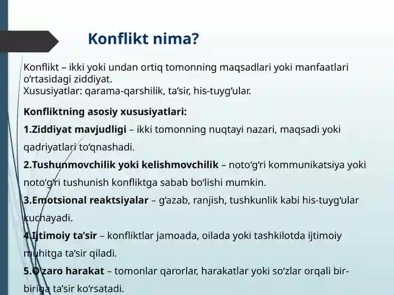 Konfliktogenlar haqida ma’lumot. Konfliktli vaziyatda agressiya va zo'ravonlik. 3