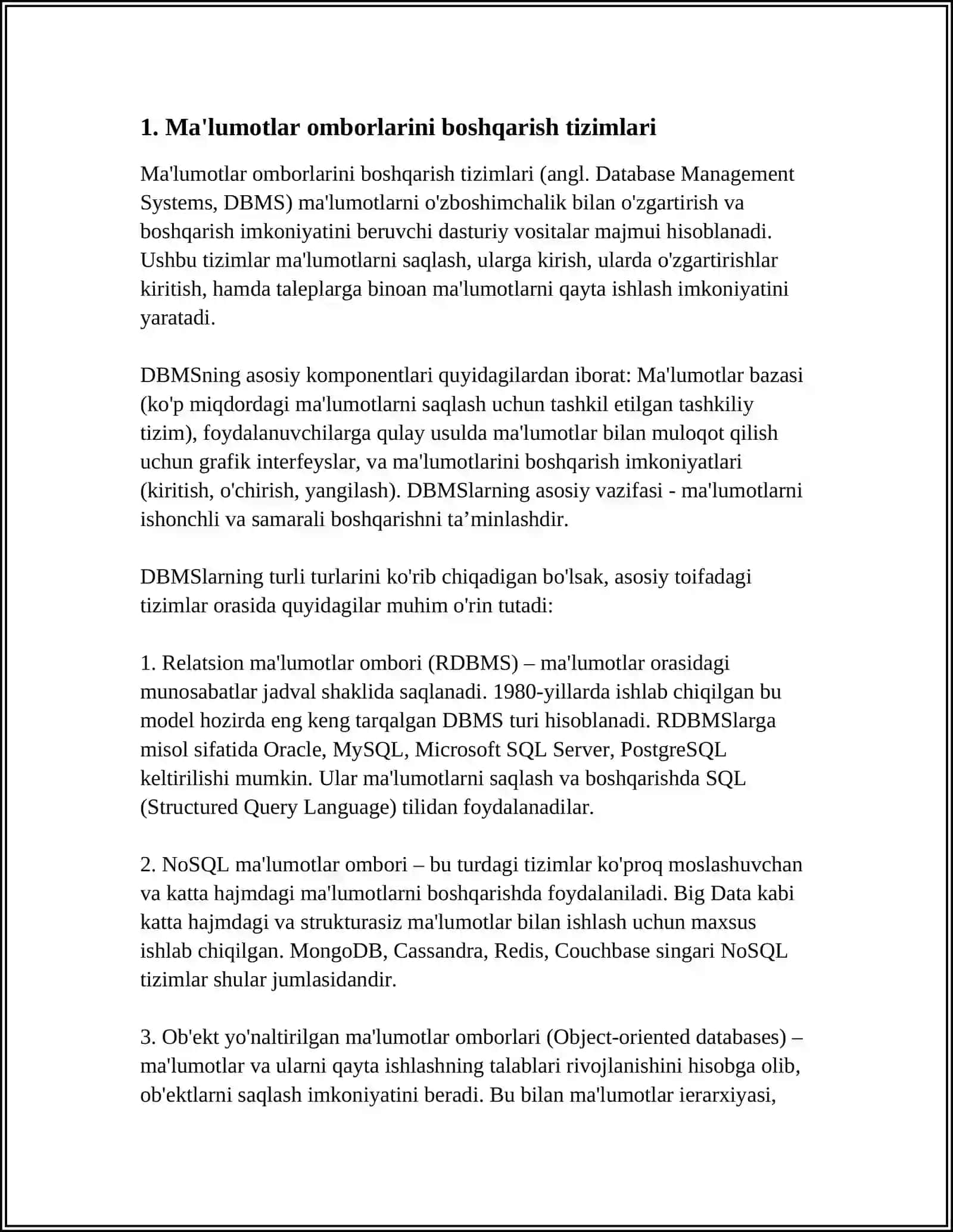 Ma'lumotlar omborlarini boshqarish tizimlari 3
