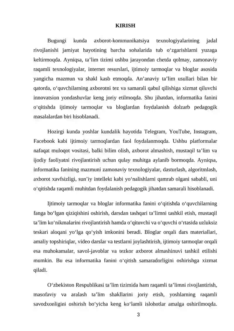 Ijtimoiy tarmoqlar va bloglar orqali informatika fanini o‘qitish  MAVZUSIDA KURS ISHI 3