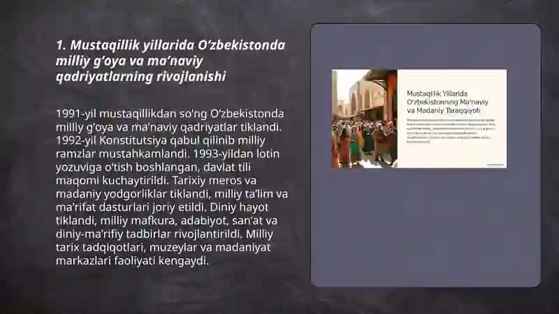 Mustaqillik yillarida Oʻzbekistondagi manaviy va madaniy taraqqiyot 3