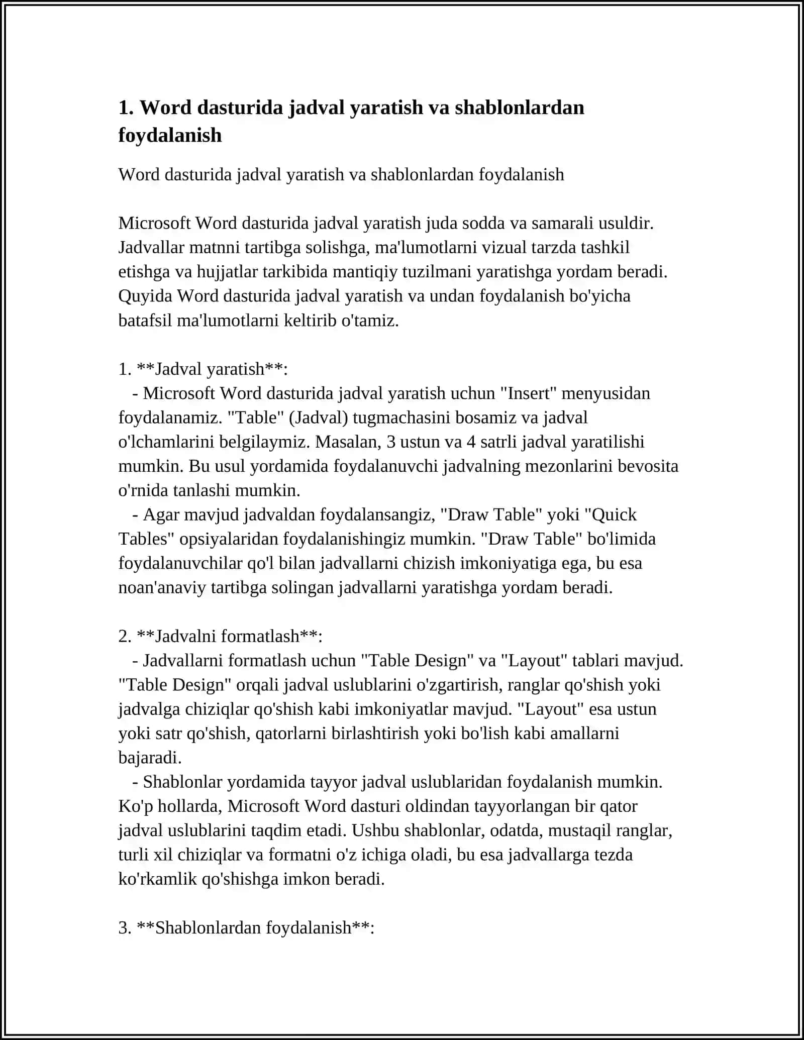 WORD DASTURIDA JADVAL, MATN RASM USTIDA ISHLASH 3