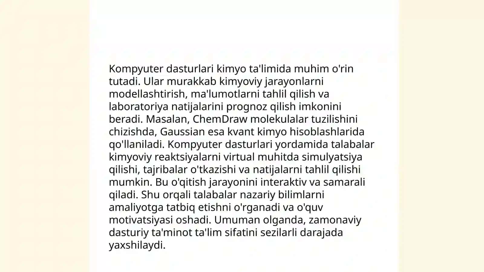 Kompyuter dasturlarining kimyo ta'limida va ilmiy izlanishlarda oʻrni. Birikmalarning ikki oʻlchamli tuzilish formulalarini va reaksiya tenglamalarini hosil qilishda qoʻllaniladigan dasturlar. Malekulyar mexanik hisoblash usullari va majmualari 3