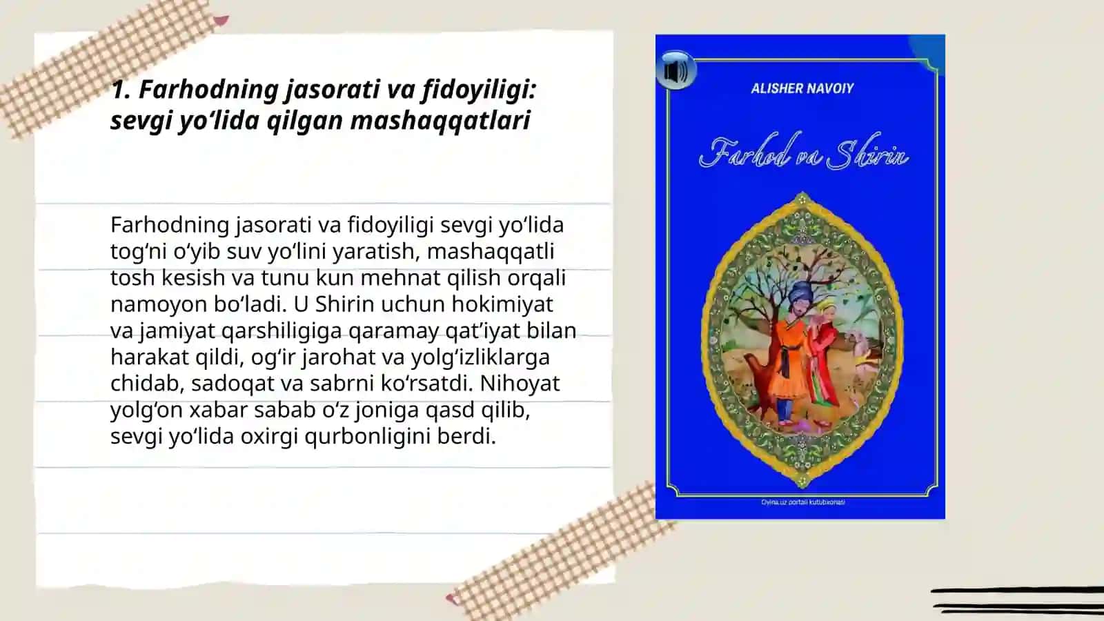 Alisher Navoiy "Farhod va Shirin" dostoni qahramonlik masalalari 3