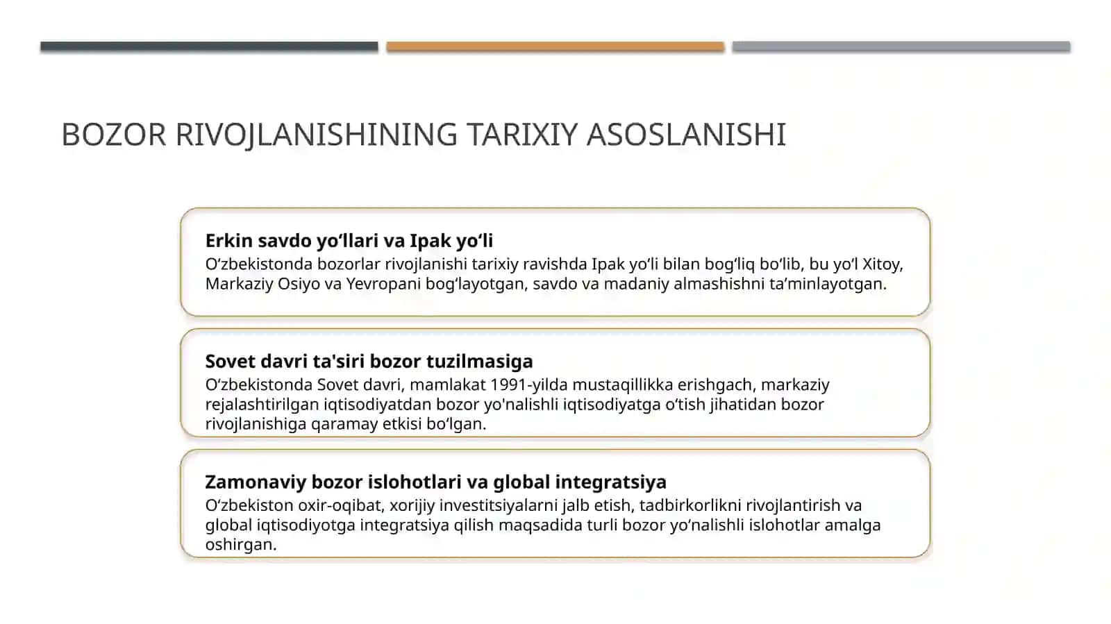 Oʻzbekiston respublikasida bozor munosabatlarining shakllanishi bosqichlari va xususiyatlari. 3