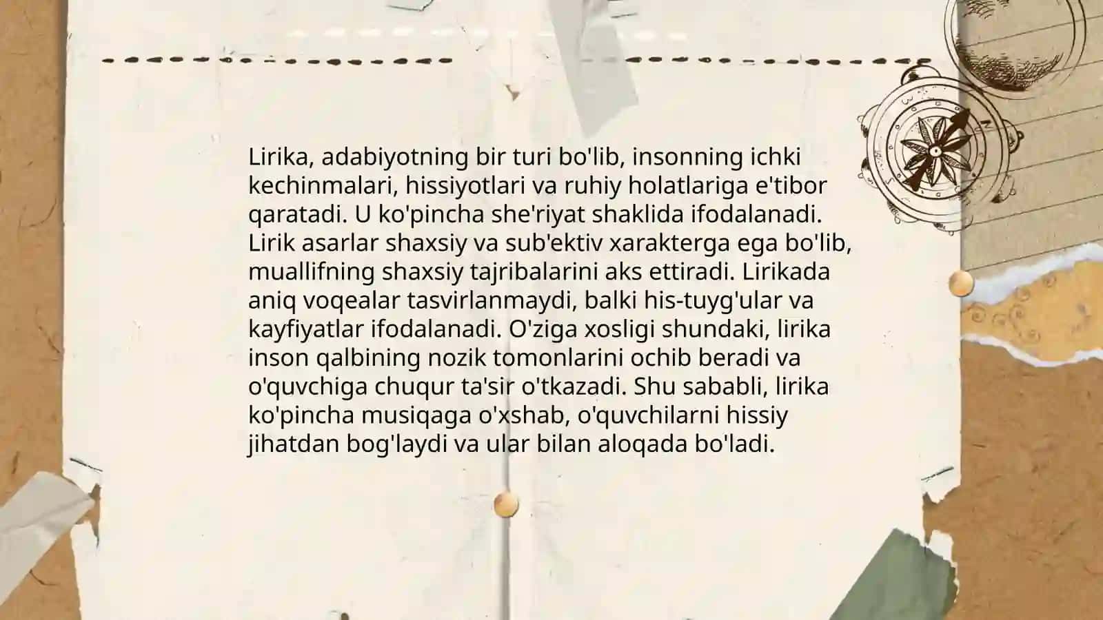 Lirik tur. G’arb hamda Sharq lirikasi. Sharq lirikasining ayrim janrlari fard,tuyuq, ruboiy, dubaytiy, qit’a g’azal 3