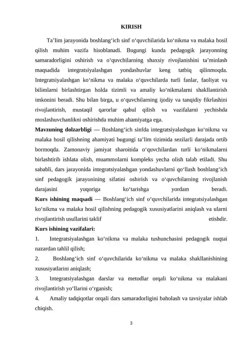 BOSHLANG’ICH SINFDA INTEGRATSIYALASHGAN KO’NIKMA VA MALAKA HOSIL QILISHNING O’ZIGA XOSLIGI 3