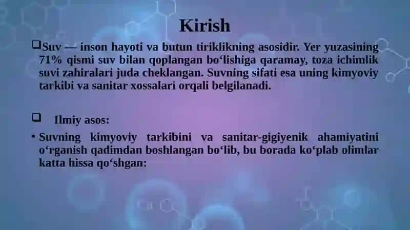 Tabiiy suvlarning kimyoviy tarkibining shakllanishi va sanitar-kimyoviy xossalari 3