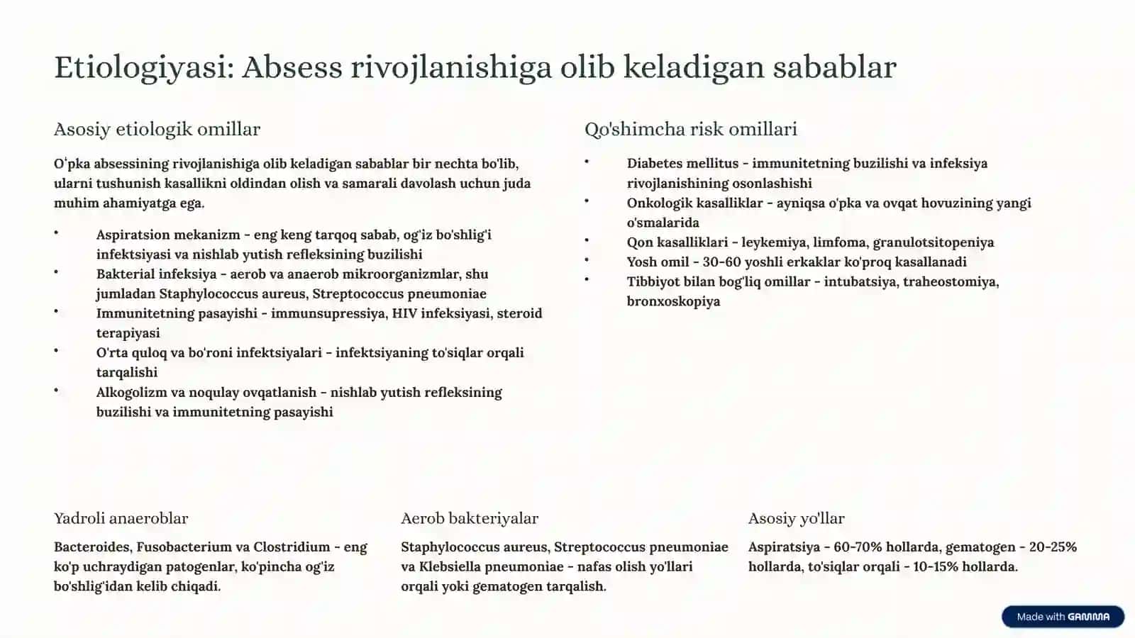 Oʻpka absessi etialogiyasi patogenezi va davolash yondashuvlari 3