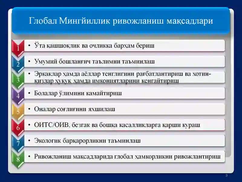 Мингийллик ривожланиш мақсадлари ва миллий вазифалар 3
