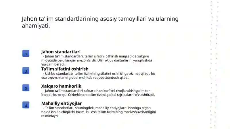 O'zbekiston ta'lim tizimida jahon ta'lim standartlaridan foydalanish 3