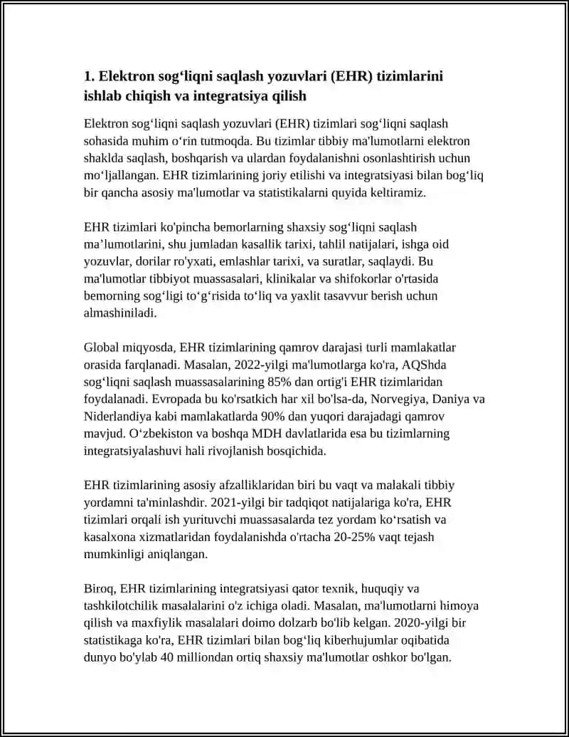 Elektron sogʻliqni saqlash yozuvlari (EHR) tizimlarini ishlab chiqish va integratsiya qilish 3