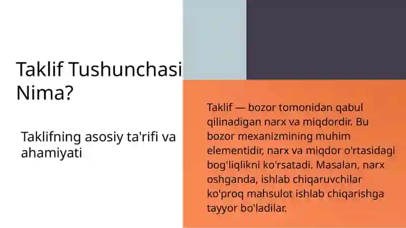 Taklif tushunchasi, taklif miqdoriga taʼsir qiluvchi omillar, taklif qonuni 3