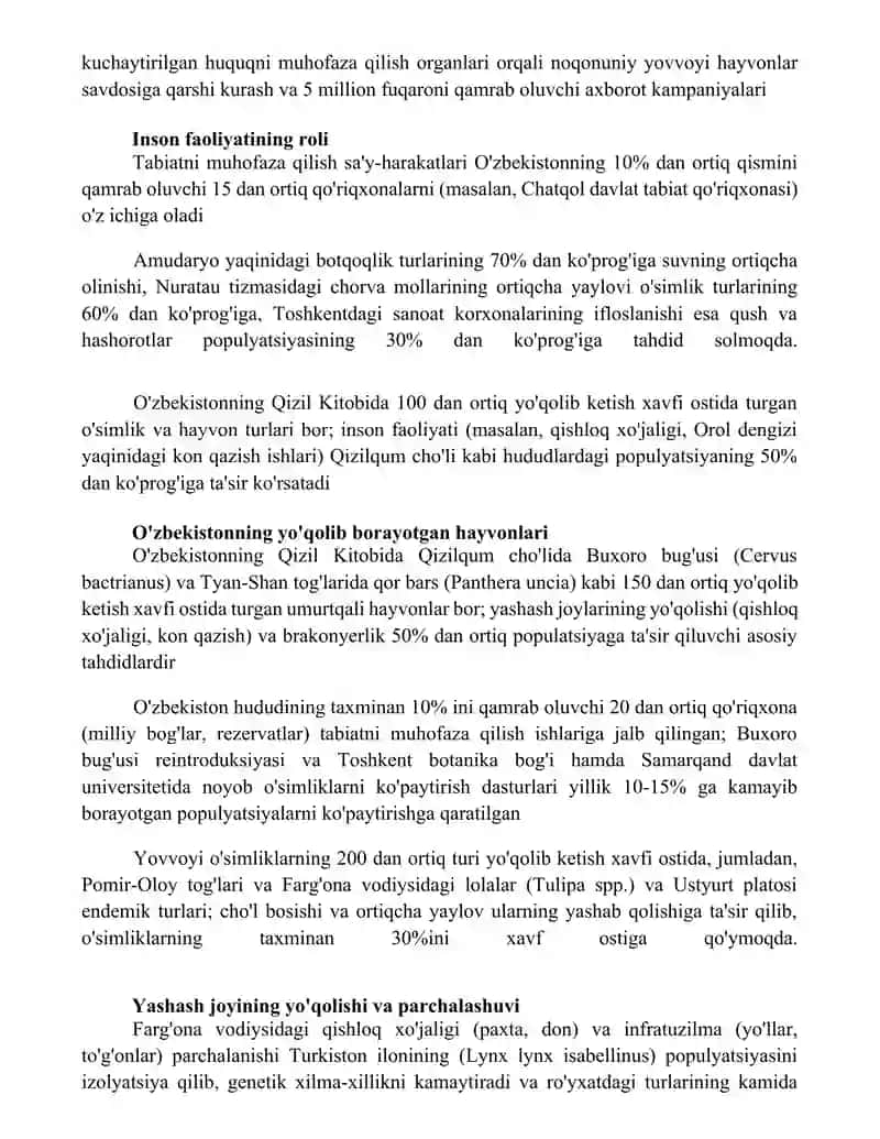 O'zbekistonga qizil kitobga kiritilgan hayvonlar va oʻsimliklar haqida malumotlarni aniqlang 3