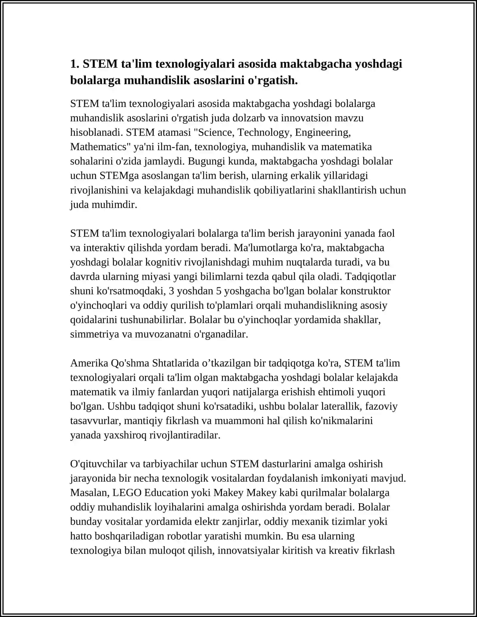 ILK QADAM DAVLAT DASTURI BOʻYICHA MAKTABGACHA YOSHDAGI BOLALARDA STEAM TALIM TEXNALOGIYASI ASOSIDA TALIM TARBIYA BERISH MASALALARI 3