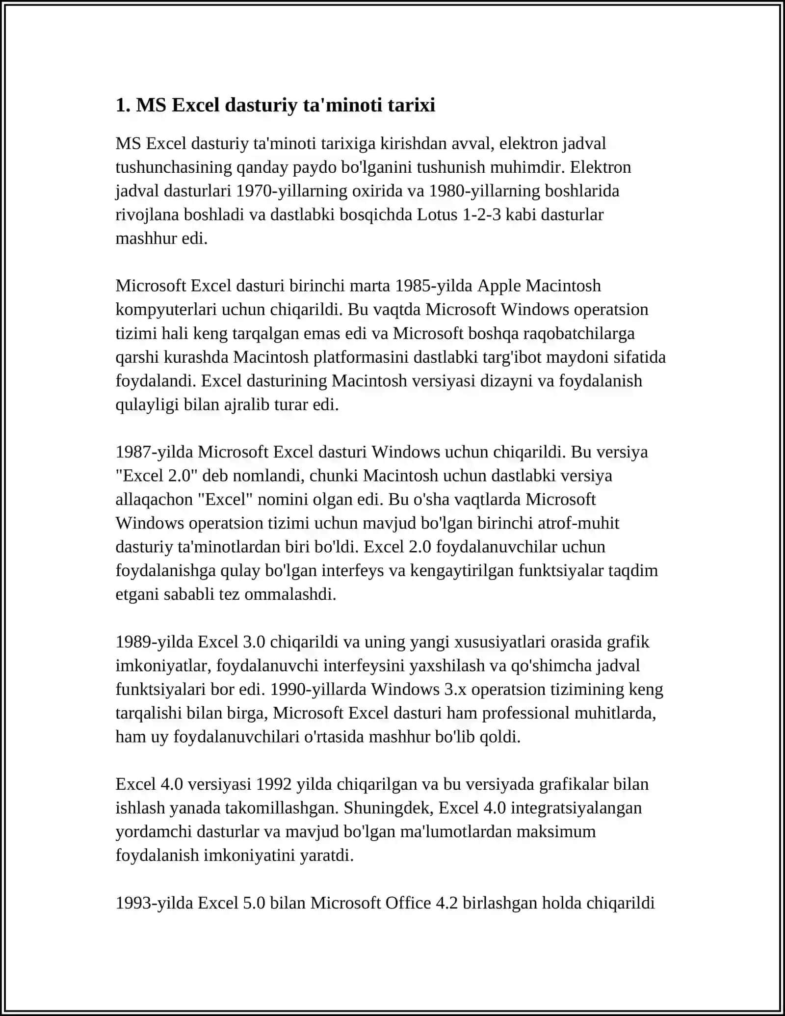 MUSTAQIL ISH Mavzu: MS EXCEL DASTURI HAQIDA UMUMIY MA'LUMOT.ELEKTRON JADVALI IMKONIYATLARI 3