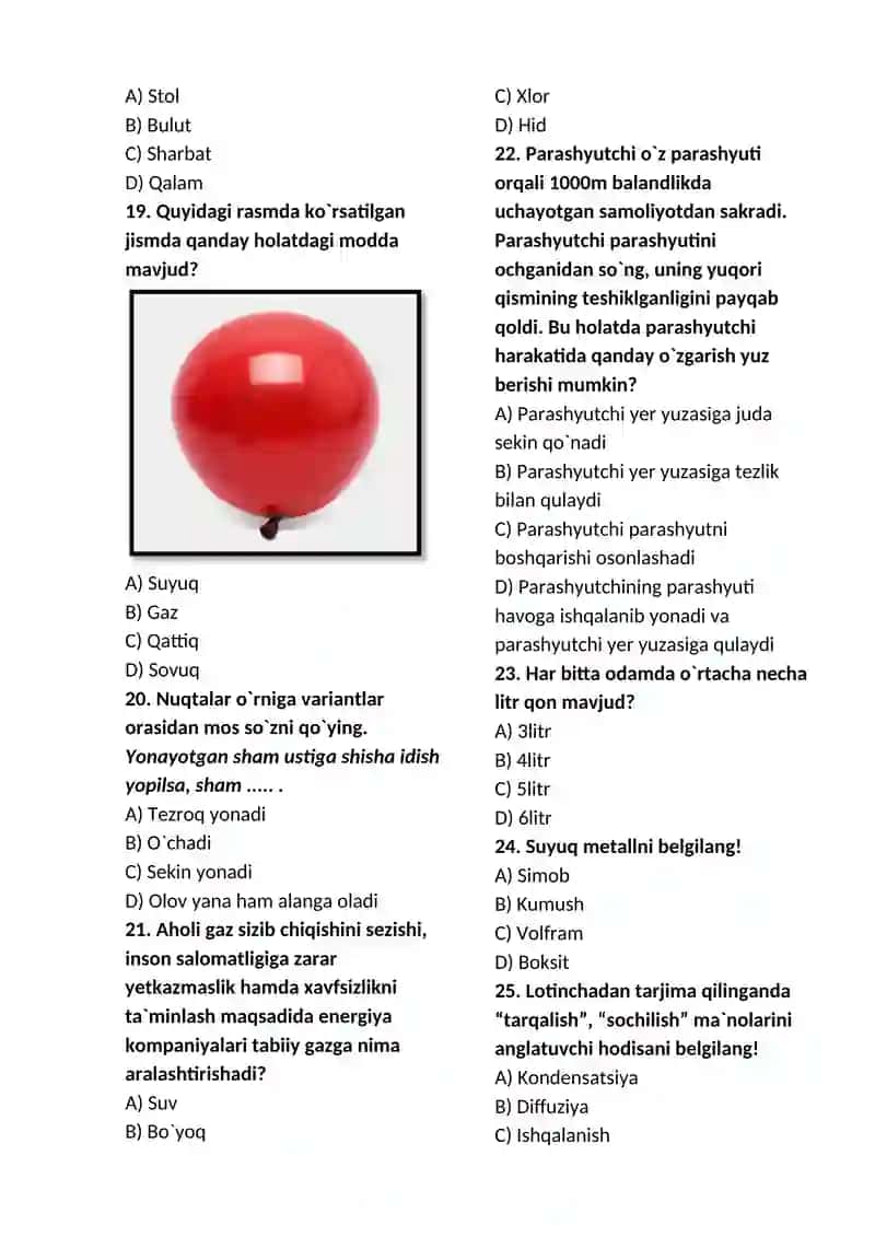 6-sinf tabiiy fan. Mavzulashtirilgan test. 3