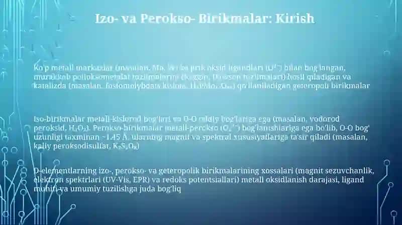D-elementlarning izopoli, pereokso va geteropoli birikmalari va ularning xossalari 3