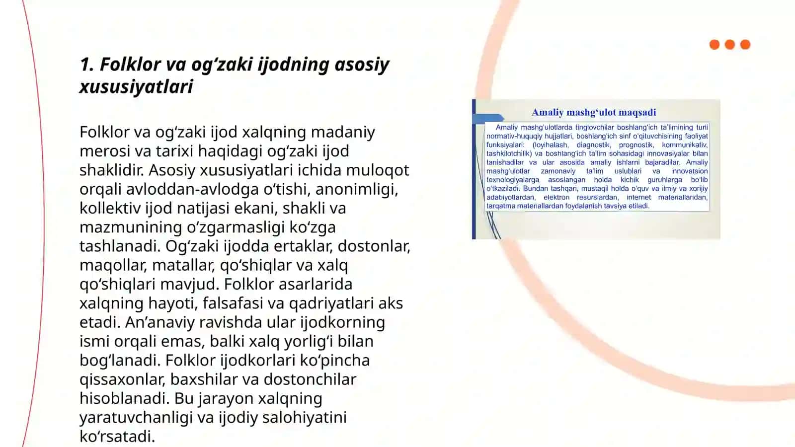 Folklor janiridagi asarlari tahlili; namunasi mustaqil ta'limda 3