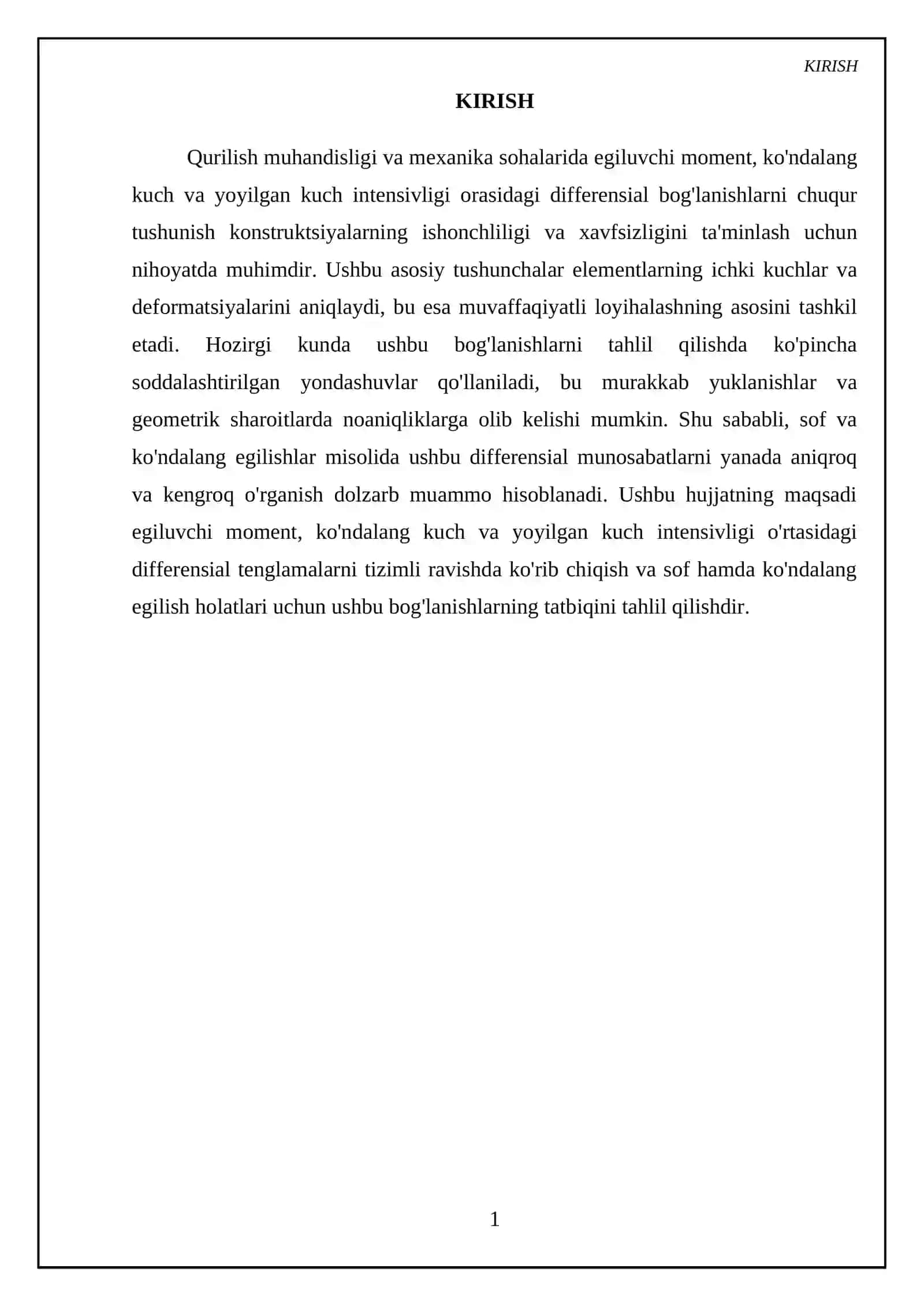 Eguvchi moment, ko'ndalang kuch va yoyilgan kuch intensivligi differensial tenglamalari 3