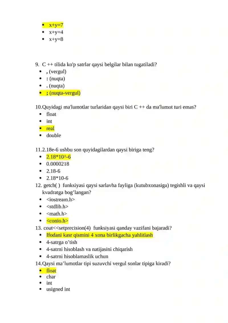 Yakuniy nazorat bo’yicha test savollari 3
