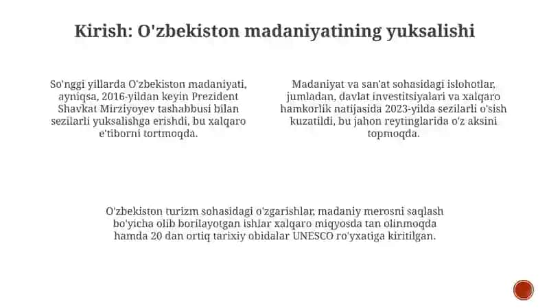 O'zbekiston madaniy hayotidagi o'zgarishlarning xalqaro reytingdagi aksi 3