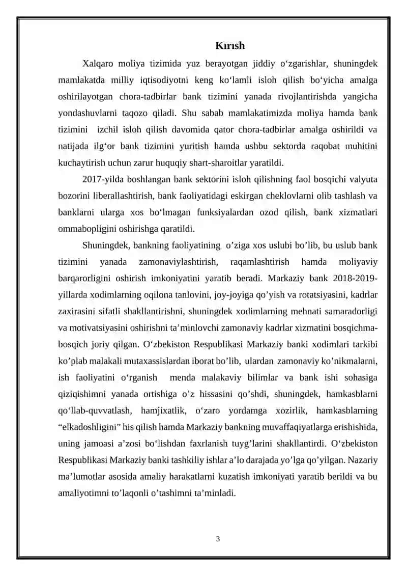 O’ZBEKISTON RESPUBLIKASI MARKAZIY BANKINING MAQSADI OPERATSIYALARI VA ULARNI TAKOMILLASHTIRISH YO’LLARI 3