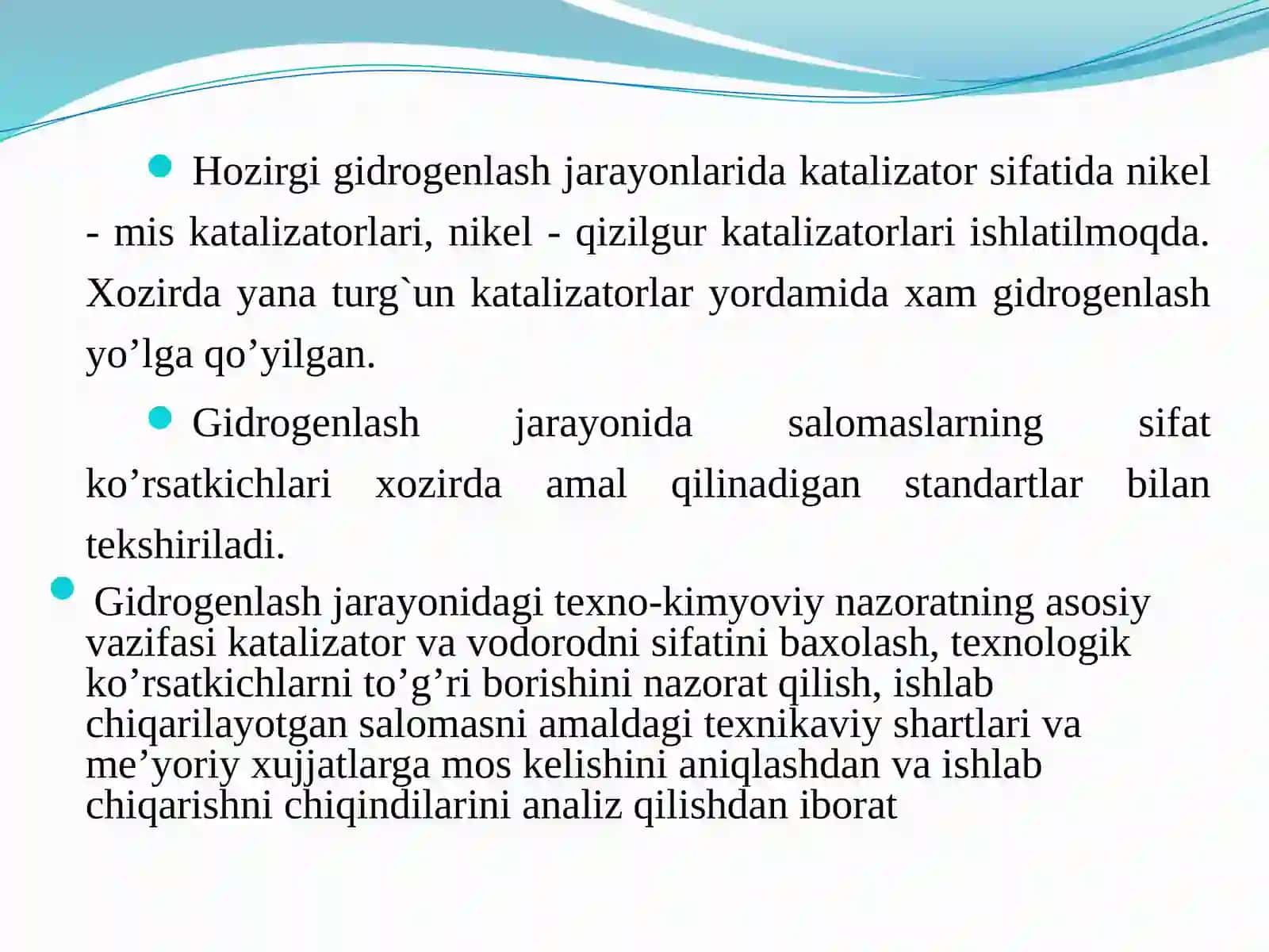 GIDROGENLASH JARAYONINI NAZORATQILISH. MARGARIN, KOHDITER VA KULINAR YOG`LARI HAMDA MAYONEZ ISHLAB CHIQARISH NAZORATI 3