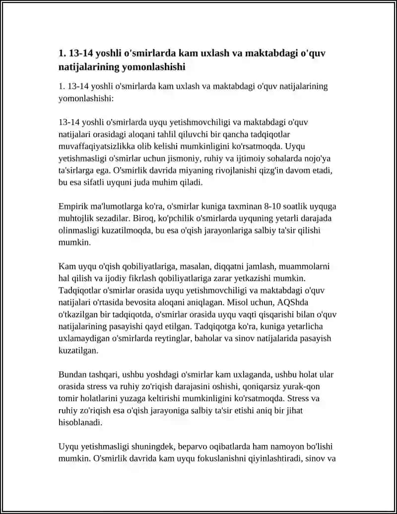 13-14 yoshli o'smirlarda kam uxlash va maktabdagi o'quv natijalarining yomonlashishi 3