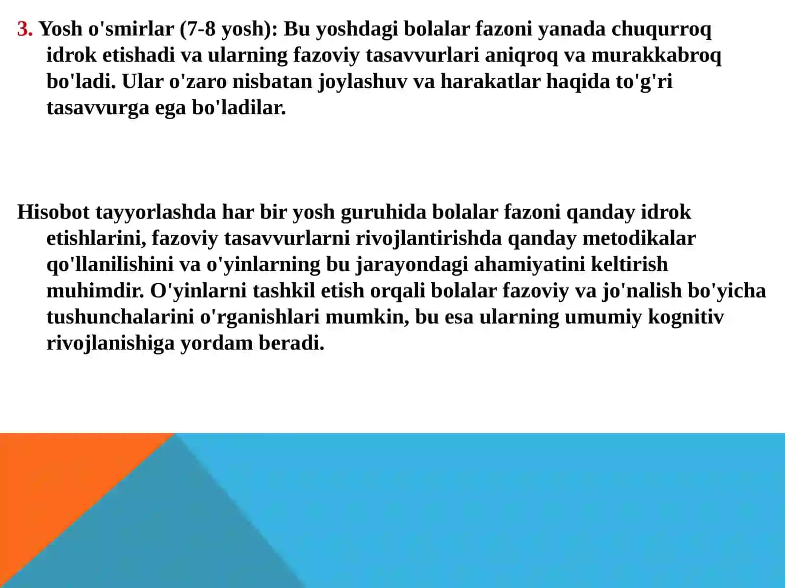 BOLALARDA FAZODA MO’LJAL OLISHNI RIVOJLANTIRISH.IDROK QILISH VA FAZODA MO’LJAL OLISHGA O’RGATISH 3