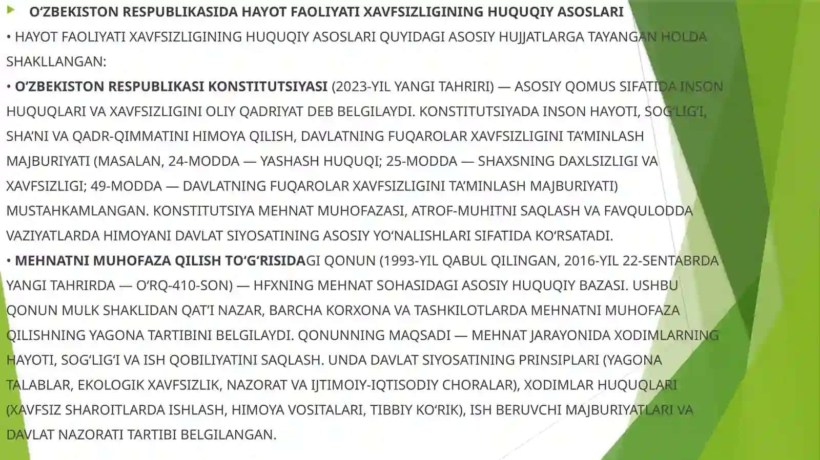 OʻZBEKISTONRESPUBLIKASIDA HAYOTFAOLIYATI XAVFSIZLIGINI TAMINLASHSOHASIDA QABUL QILINGAN QONUN VAMEʼYORIYHUJJATLAR TIZIMI 3