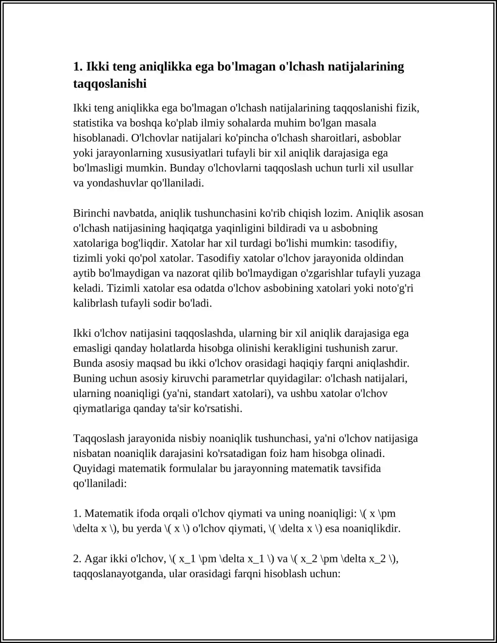 IKKITA TENG ANIQLIKKA EGA BOʻLMAGAN OʻLCHASH NATIJALARI FARQI BOʻYICHA QAYTA ISHLASH 3