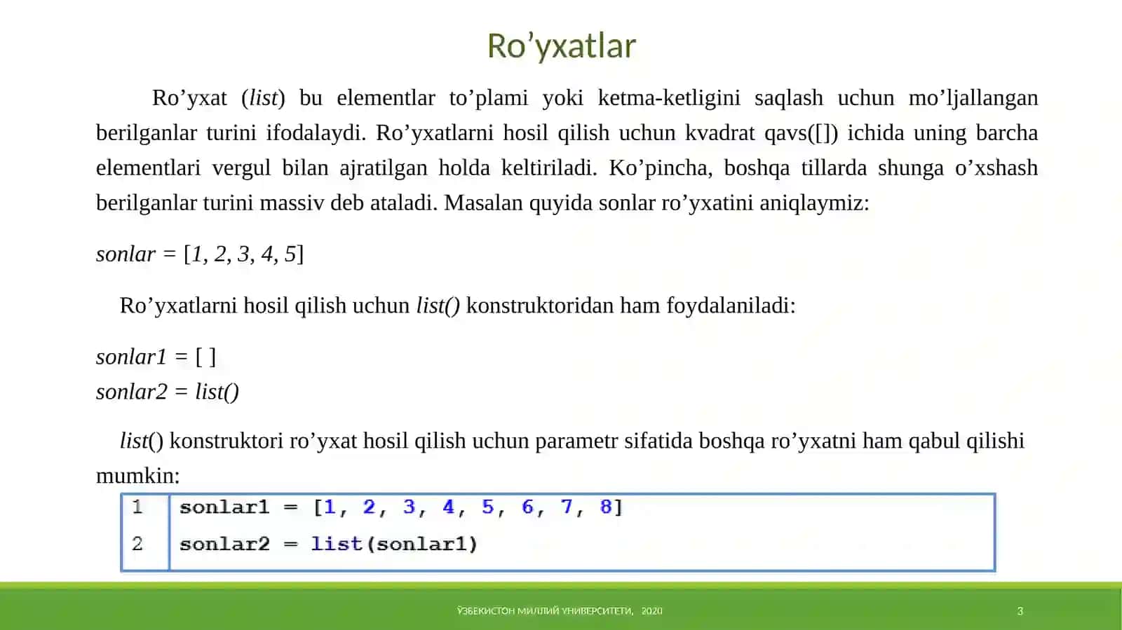Ro`yxatlar va Pythondasturlash 3