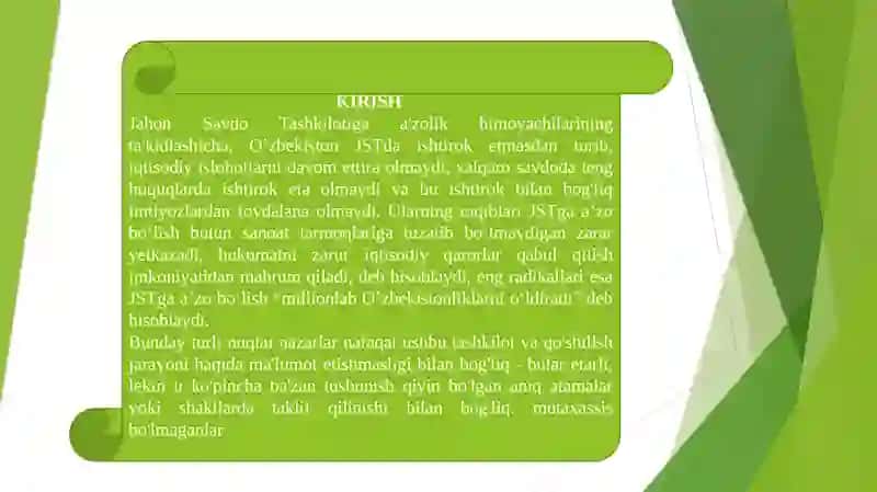 O'zbekiston Respublikasining butun jahon savdo tashkilotiga a'zo bo'lib kirish masalalari. 3